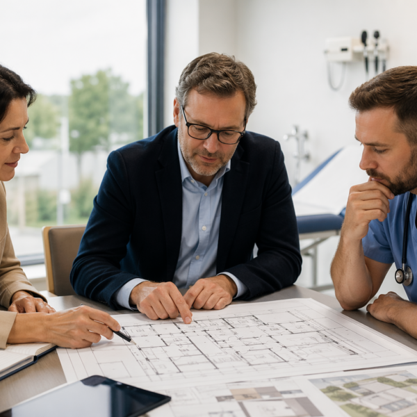 Team reviewing detailed plans